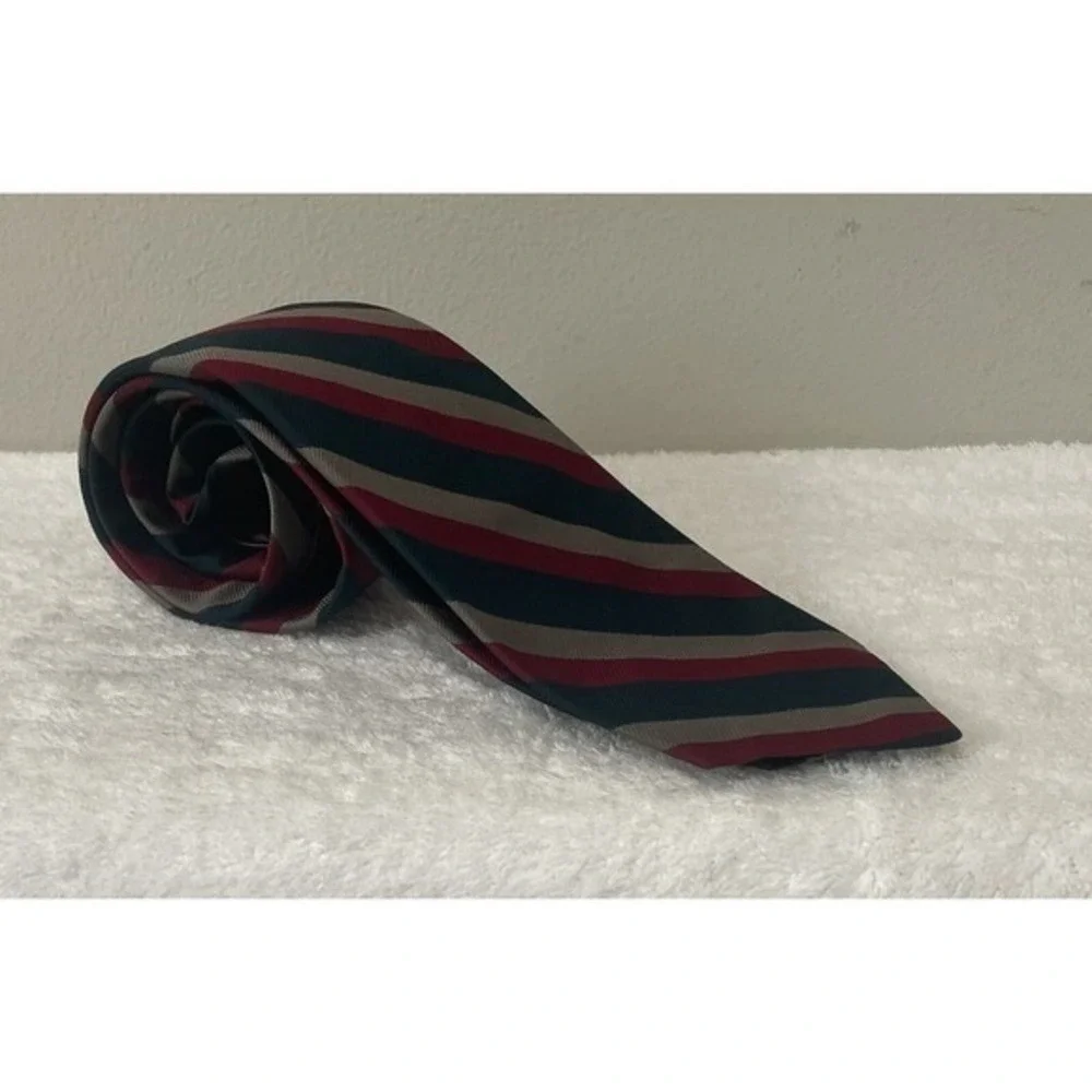 Polo Ralph Lauren Necktie Mens Burgundy Dk Green Gray Silk Striped USA Old Money